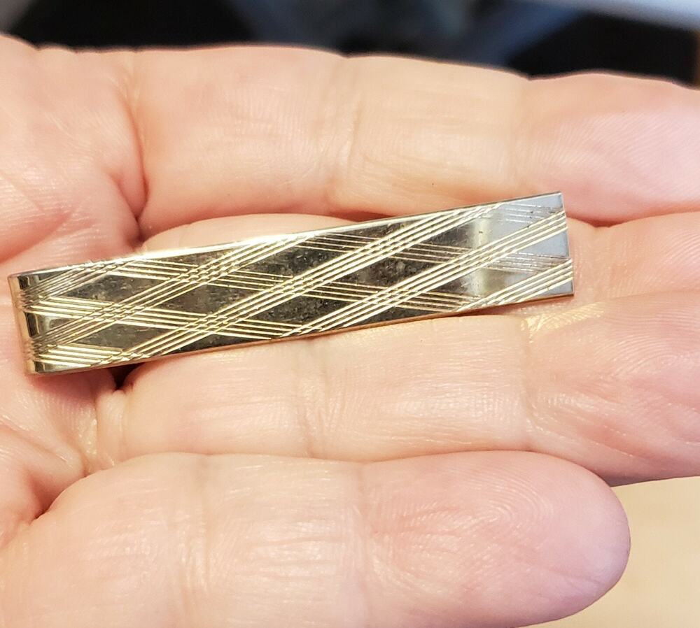 Vintage Diamond Patterned Tie Clip Mid-Century Gold‎ Tone Tie Bar cl-